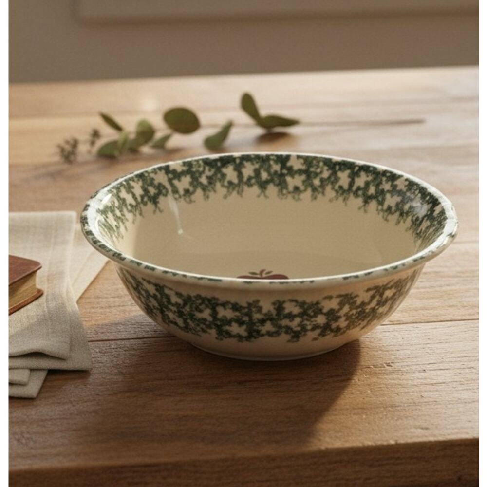Stoneware Country Apple Serving Bowl Red Apple Design Green Spongeware 9x3.25